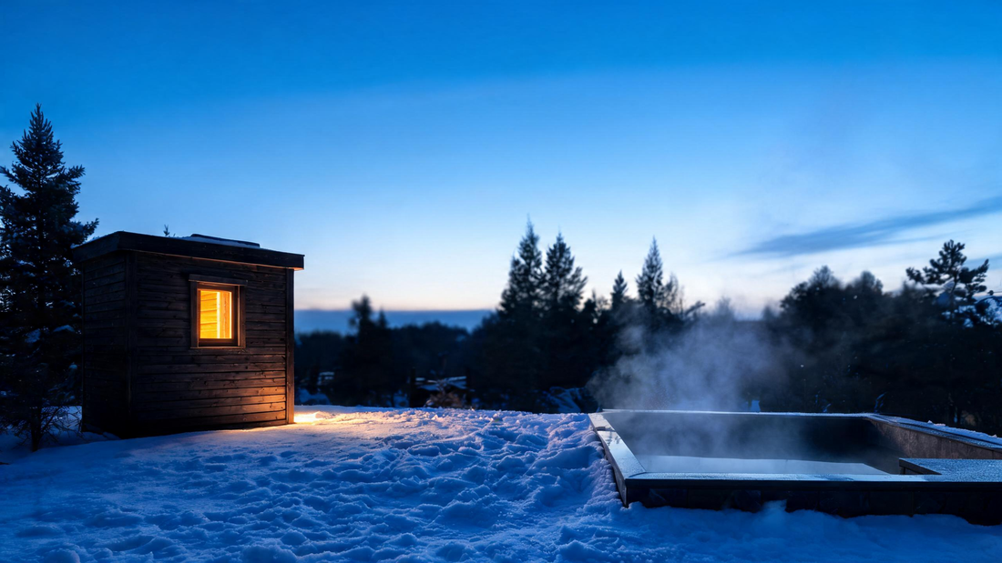9) — steam rising off a cedar sauna beside a cold plunge on a snowy Canadian deck at dusk; warm interior glow against cool…