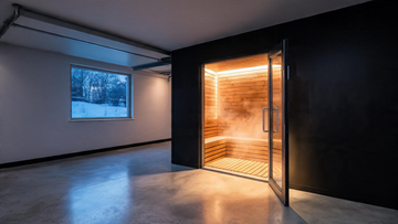 9, 1200x675) - cedar-lined sauna cabin built into the corner of a modern residential garage, warm interior glow spilling…