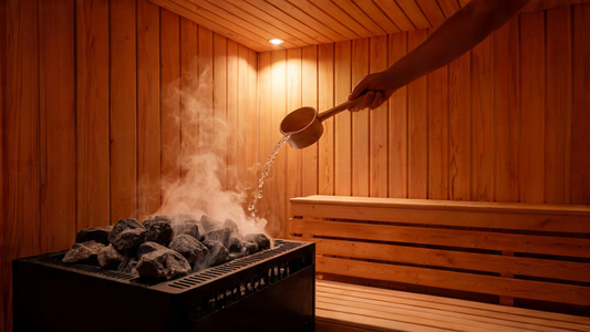 9) — Ladle pouring water over glowing sauna rocks on a black electric heater inside a cedar cabin, steam rising