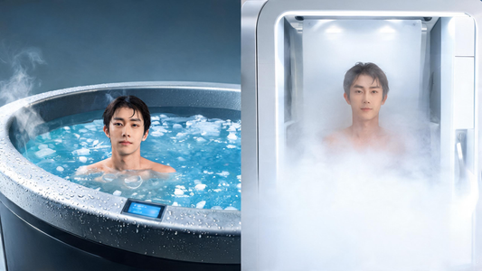Split-frame comparison, a person in a sleek ice-flecked cold plunge with a glowing temperature readout beside a person in a modern whole-body cryotherapy chamber