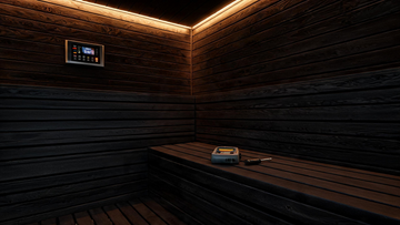 9) - Calm, well-lit interior of a black-cedar Calore infrared sauna cabin with the control panel visible, warm amber glow, a…