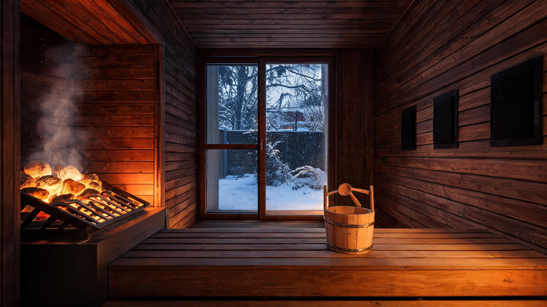 9): Warm-lit cedar sauna interior with a Harvia-style stone heater on one wall and infrared panels on the opposite wall,…