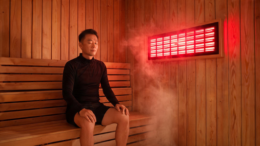 9) — warm cedar sauna interior with a red-glowing near-infrared light panel on one wall, a middle-aged adult sitting calmly…
