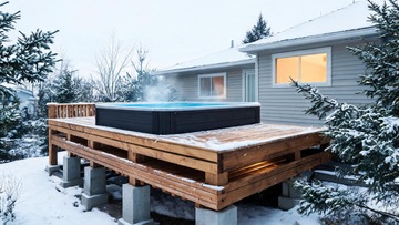 A modern insulated cold plunge on a low heavily-framed cedar deck against a Canadian home, doubled beams and posts on concrete piers visible underneath