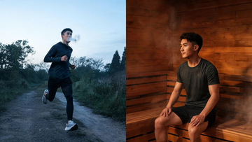 Split-frame: a person mid-stride running an outdoor trail at dawn on the left, and the same person seated calmly in a warm cedar sauna on the right.