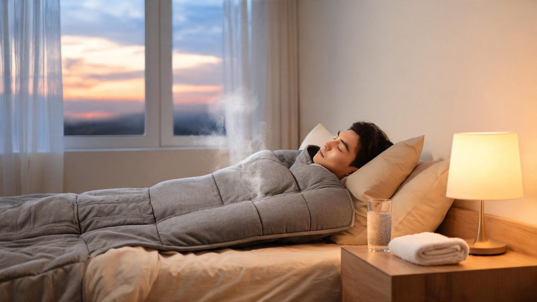 Person relaxing wrapped in an infrared sauna blanket on a bed in a calm, warm-lit Canadian bedroom; steam-and-calm mood