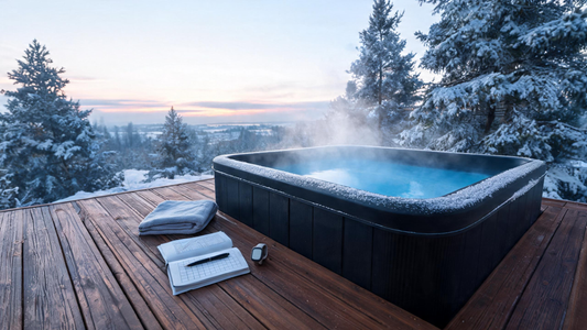 An overhead dawn scene on a Canadian cedar deck, a sleek insulated cold plunge with a steady waterline and tracking tools nearby