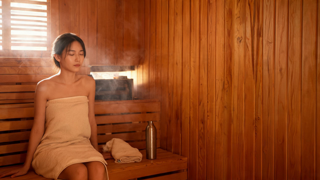 9) — Calm, steam-softened cedar sauna interior with warm low light; a person sitting relaxed, towel and water bottle nearby.…