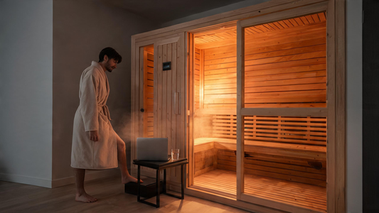 9 1200×675): A professional in a robe stepping into a warm cedar infrared cabin at home after work, soft amber glow, laptop…