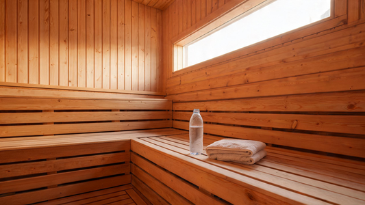 9) — A quiet cedar sauna interior at morning light, empty bench with a full glass water bottle and a folded towel resting on…