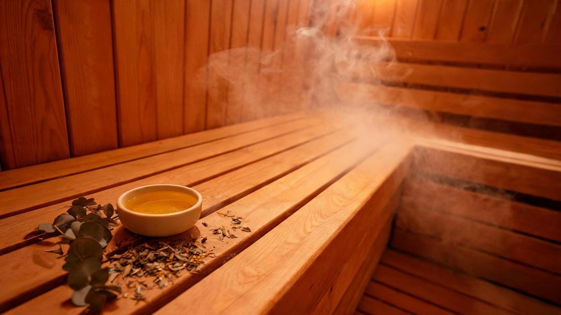 9): Warm cedar sauna interior lit by a low amber glow, a small bowl of infused oil and dried herbs on the bench, steam…