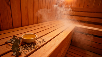 9): Warm cedar sauna interior lit by a low amber glow, a small bowl of infused oil and dried herbs on the bench, steam…