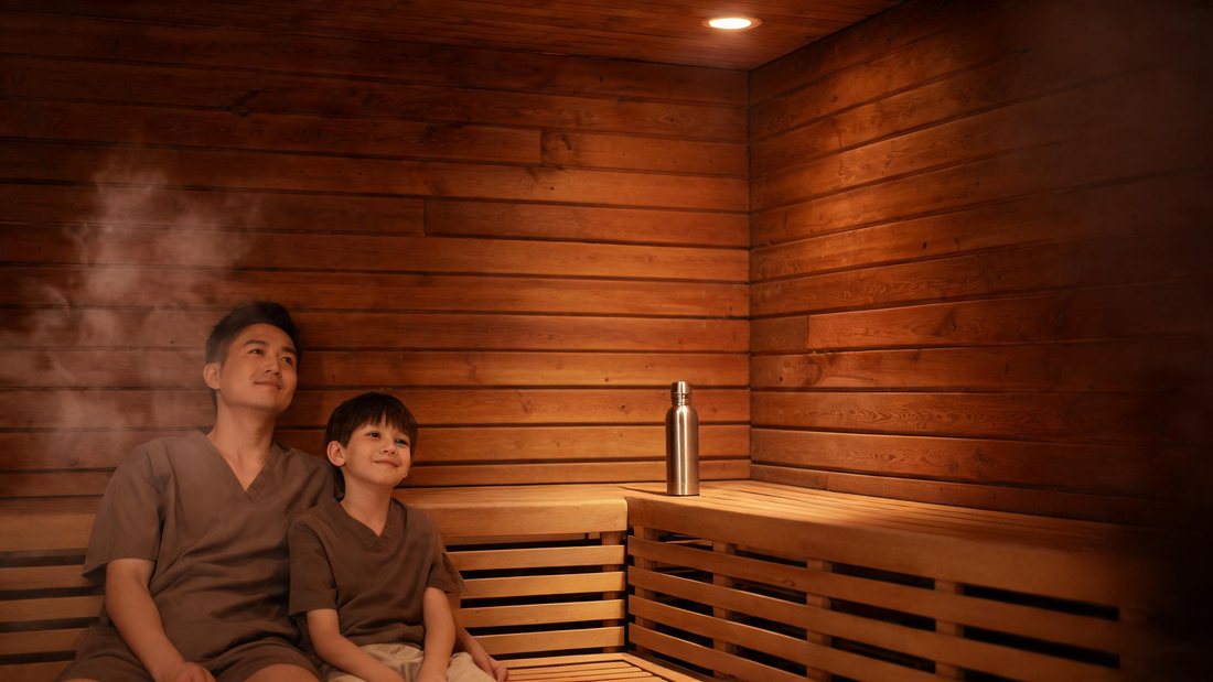 9) — A calm cedar sauna interior with warm low light; a parent and a school-age child seated together on the lowest bench,…