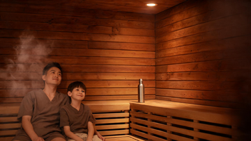 9) — A calm cedar sauna interior with warm low light; a parent and a school-age child seated together on the lowest bench,…