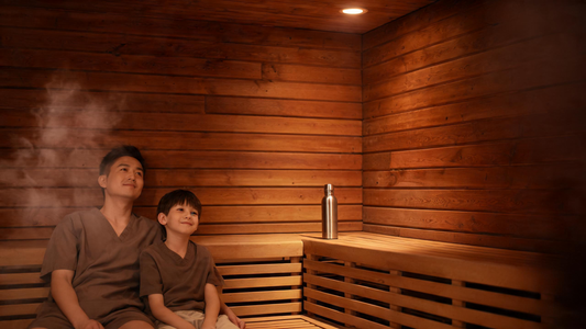9) — A calm cedar sauna interior with warm low light; a parent and a school-age child seated together on the lowest bench,…