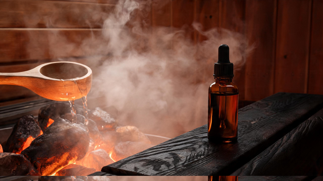 9) — Steam rising off dark cedar sauna rocks as a wooden ladle pours scented water; warm amber light, a small amber glass…