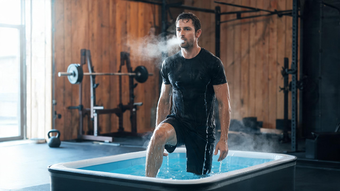 A focused athlete stepping out of a sleek insulated cold plunge in a bright home garage gym, breath visible in cool air, a barbell and rack behind
