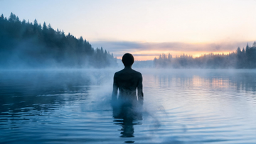 A solitary person standing waist-deep in still dark cold water at a misty Canadian lake at dawn, eyes closed, shoulders relaxed