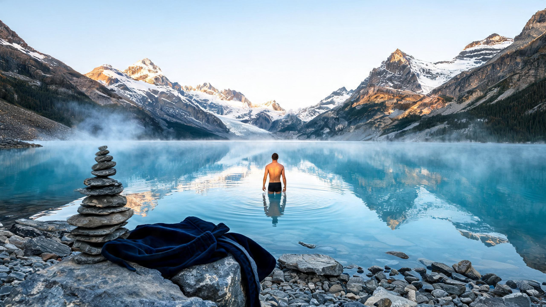 A lone wild swimmer wading into a turquoise glacial lake ringed by snow-dusted peaks at golden hour, faint cold vapour over the still water
