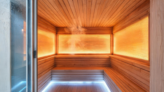 Interior of a premium 2-person Canadian Hemlock infrared sauna, warm amber glow from full-length carbon heater panels on three walls, bench seat wide