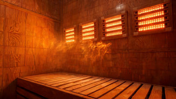 Interior of a premium full-spectrum infrared sauna, warm cedar walls glowing amber under active near-infrared heater panels, visible radiant heat shimmer
