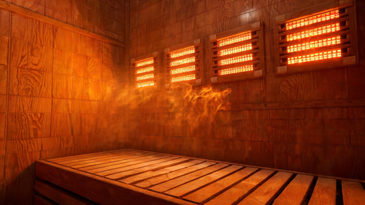 Interior of a premium full-spectrum infrared sauna, warm cedar walls glowing amber under active near-infrared heater panels, visible radiant heat shimmer