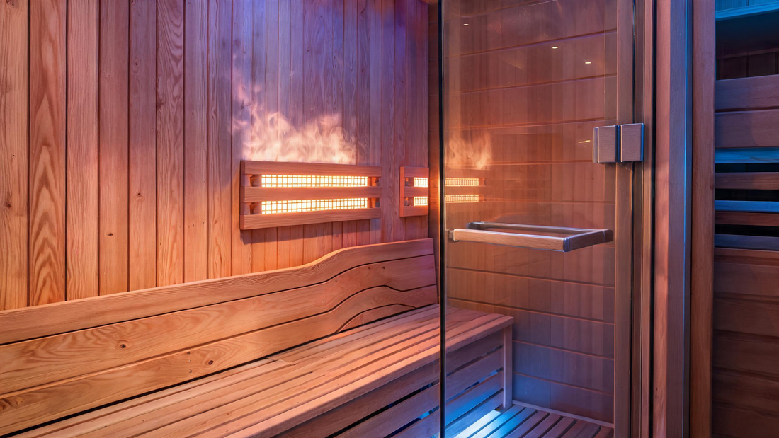 A full-spectrum infrared sauna interior shot at a low three-quarter angle — Grade-A Canadian cedar tongue-and-groove walls glowing amber under warm