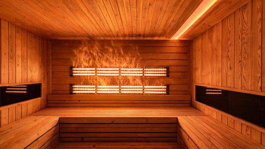 Interior of a Canadian hemlock full-spectrum infrared sauna, warm amber glow from halogen near-infrared heaters mounted on the back wall, carbon