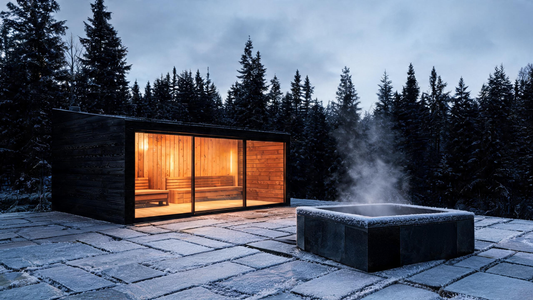 A standalone black-stained Canadian Western Red Cedar sauna cabin on a snow-dusted granite patio at dusk, panoramic tempered-glass front panel glowing