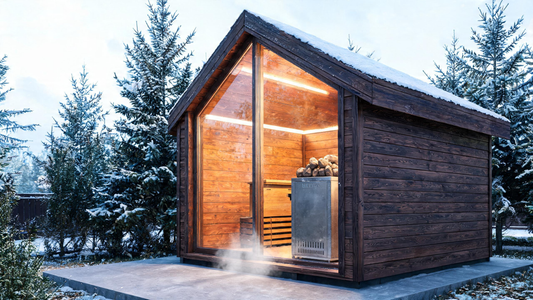 A premium Grade-A Canadian Western Red Cedar outdoor cabin sauna on a poured concrete pad in a lush backyard, full glass-front door glowing warm amber