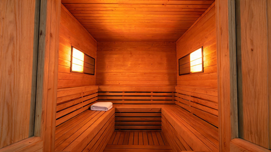 The interior of a Canadian cedar infrared sauna cabin viewed from the open door, warm amber glow from far-infrared panel heaters lining the walls,