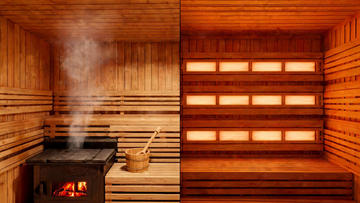 A split-frame composition showing two sauna interiors side by side — left: a traditional Finnish sauna with Grade-A Canadian cedar benches, a stone-topped