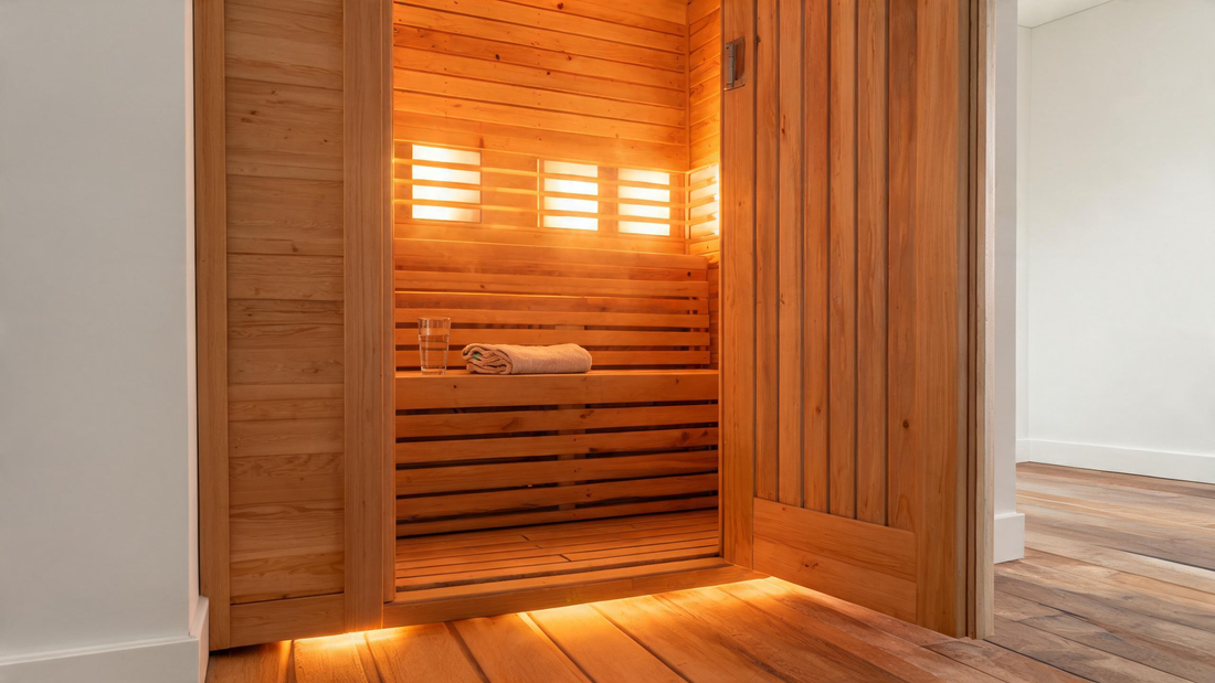 A warm, inviting 2-person infrared sauna cabin built from Grade-A Canadian cedar, interior glow of amber near-infrared panels casting a golden light on
