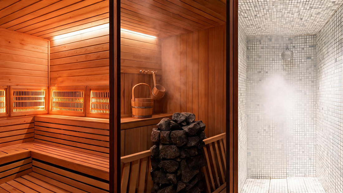 A split-view editorial photograph of three side-by-side home saunas — a sleek indoor infrared cedar cabin with warm amber glow, a traditional Finnish