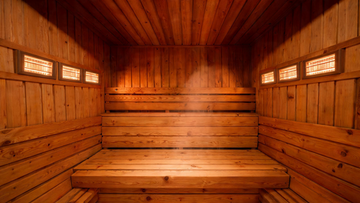 A warm, cedar-panelled indoor infrared sauna interior viewed from a low front-on angle, far-infrared heating panels glowing with a faint amber radiance