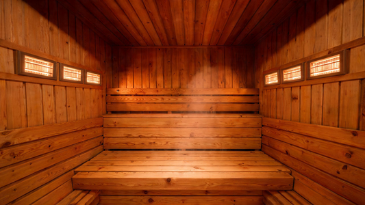 A warm, cedar-panelled indoor infrared sauna interior viewed from a low front-on angle, far-infrared heating panels glowing with a faint amber radiance