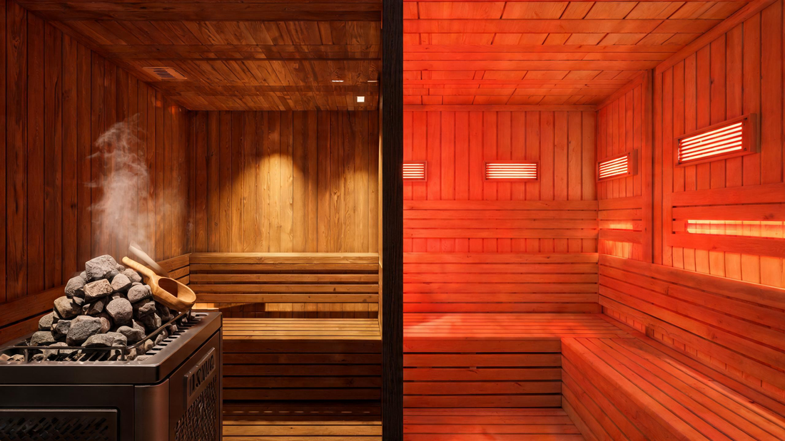 A split-composition editorial shot — left half shows the interior of a Grade-A Canadian black cedar traditional sauna with a Harvia electric heater and