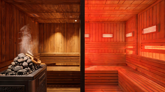 A split-composition editorial shot — left half shows the interior of a Grade-A Canadian black cedar traditional sauna with a Harvia electric heater and