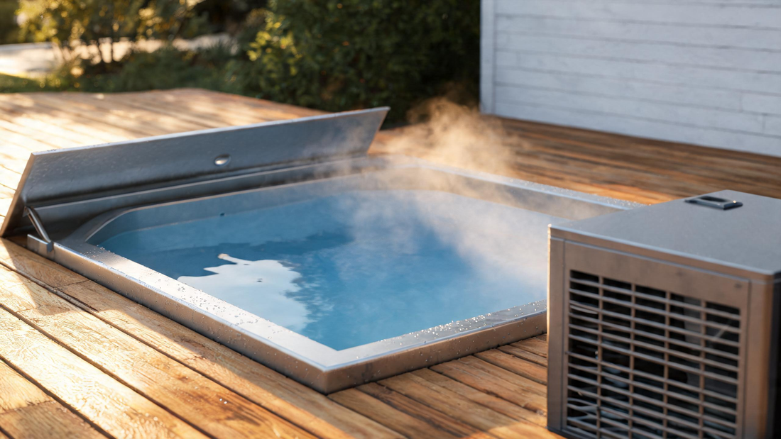 A premium stainless-steel cold plunge tub viewed at a low three-quarter angle on a cedar deck, lid folded back to reveal Glacier-blue mirror-still water