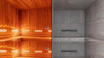 A side-by-side editorial split showing a well-built Grade-A Canadian cedar infrared sauna interior on the left — tight dovetail joinery, warm amber cedar