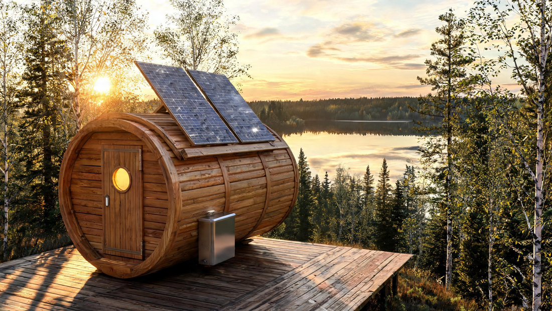 A compact cedar barrel sauna sitting on a remote lakeside deck at golden hour, two frameless photovoltaic panels mounted flush on the sloped roof catching