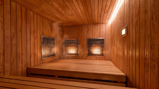 A wide shot of three sauna types arranged in a triptych composition — left: a warm cedar indoor infrared cabin with glowing panel heaters