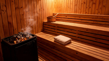 A wide-angle interior shot of a cedar sauna cabin — warm amber light filtering through the slatted bench structure, a Harvia heater glowing with hot