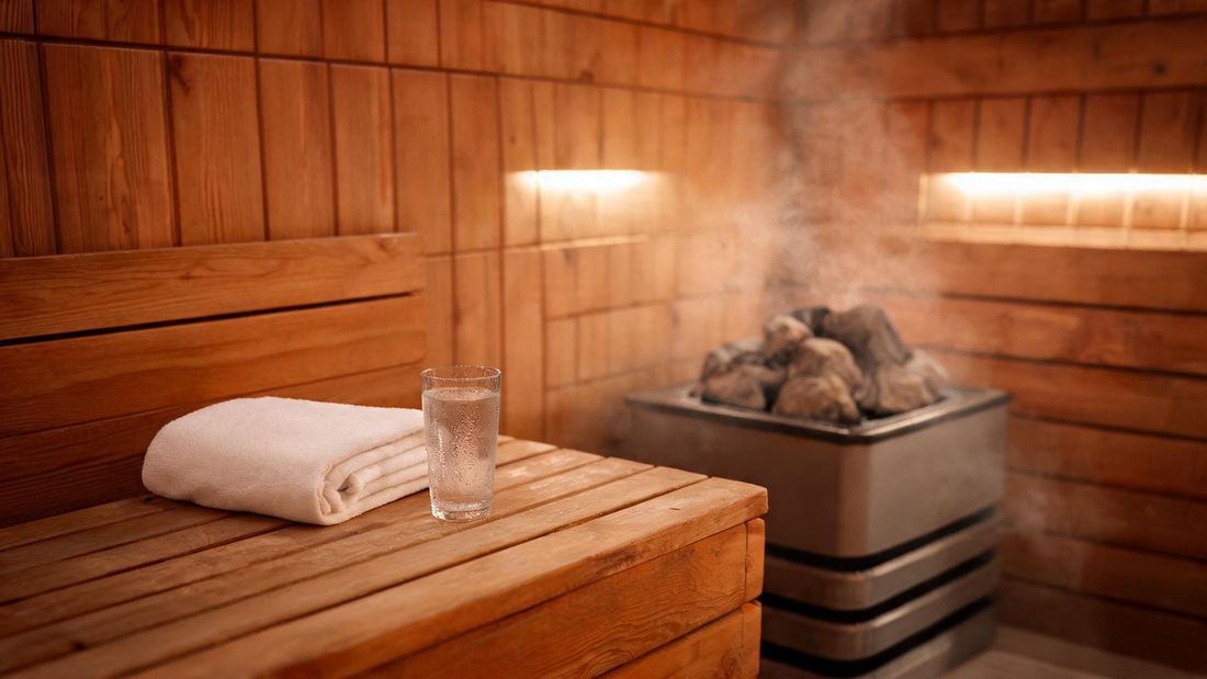 A warm Canadian hemlock sauna interior with bench seating and a cedar backrest, soft amber glow from interior lighting, a folded towel and a glass of