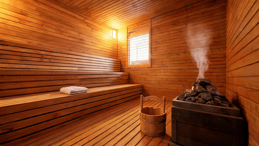 Interior of a Grade-A Canadian cedar sauna at golden hour, a neatly folded white towel resting on a lower bench and a small wooden water bucket on the