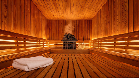 The interior of a cedar sauna cabin viewed from the lower bench looking toward the upper bench and heater, warm amber glow from low-position bench