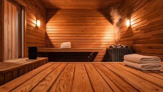 Interior of a cedar sauna cabin viewed from the lower bench level, warm amber light from wall sconces, a small Bluetooth speaker resting on a wooden ledge
