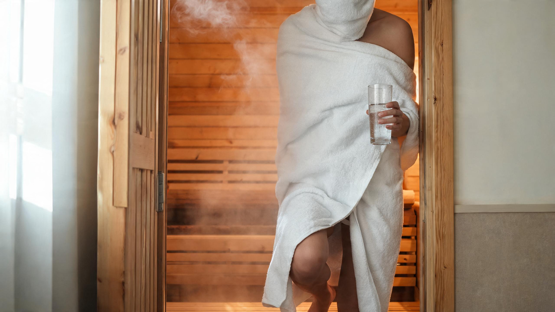 A person stepping out of a cedar sauna into a cool hallway, wrapped in a white towel, holding a glass of water, expression calm and restful, warm amber