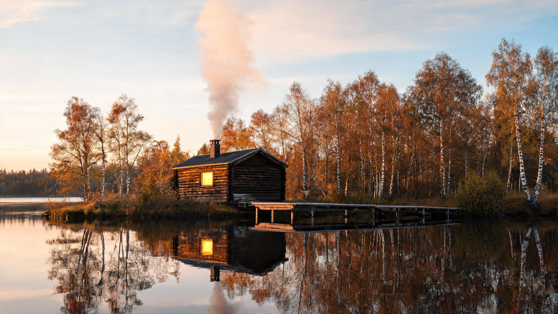 A traditional Finnish lakeside sauna at golden hour — weathered dark-log cabin on a birch-lined shore, heavy smoke curling from the roofline of a