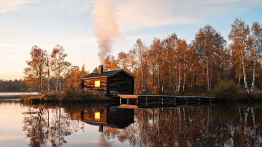 A traditional Finnish lakeside sauna at golden hour — weathered dark-log cabin on a birch-lined shore, heavy smoke curling from the roofline of a